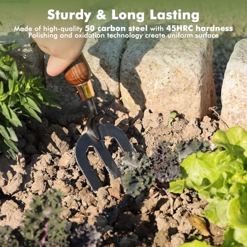 RESTMO Gardening Tools Bundle: Heavy Duty Gardening Tools Kit & Gardening Hand Fork, Premium Carbon Steel Garden Hand Tools with Ergonomic Wooden Handle