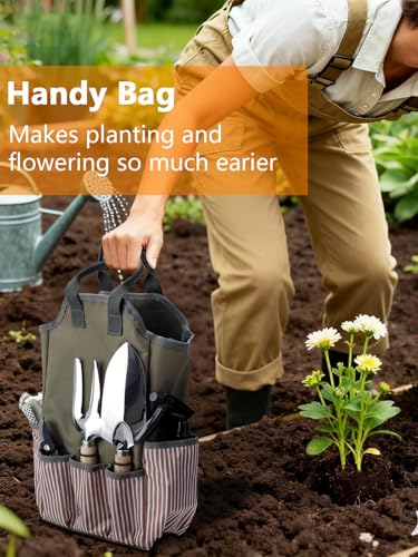 Garden Tools Set – 11-PCs Heavy Duty Gardening Kit, Stainless Steel Tools with Wooden Handles, Canvas Tote Bag, Gloves & Watering Can – Gardening Tools Gift for Women, Beginners, Patio & Backyard Use