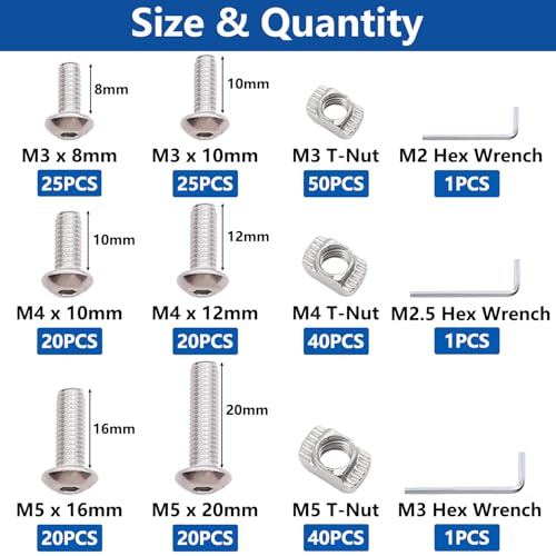 30 Sets 1/4-20 x 3/4" Furniture Screw Threaded Wood Inserts, Screw-in Nuts 1/4-20 x 19/32" Furniture Bolts + 260PCS M3 M4 M5 T Slot Nuts Screws Kit