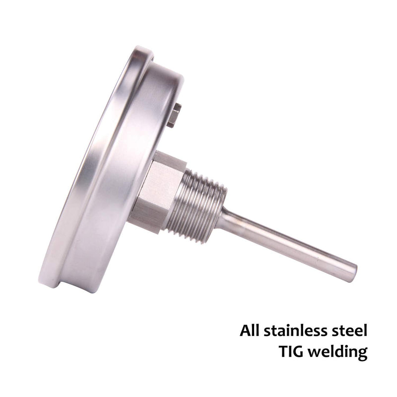 MEASUREMAN Fully Stainless Steel Pot, Kettle, Brewing Bimetal Thermometer, 3" Dial, 2-1/2" Stem, 0-250 deg F/-20-120 deg C, -1% Accuracy, Adjustable, 1/2" NPT Back Mount （2 Pack） 2-1/2" Stem 2pc
