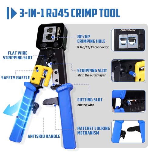 Pass Through RJ45 Crimp Tool Kit Cat 6 Cat 5E Cat 5 Ethernet Crimper Kit RJ45 Crimping Tool with Network Cable Tester, Mini Cable Stripper, 50 Pcs Cat6 Connectors and Strain Relief Boots 103