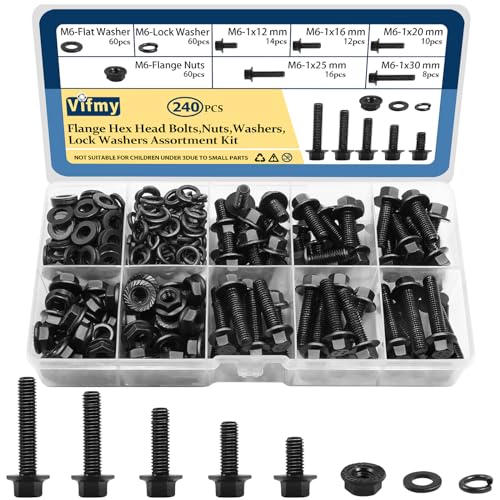 150 Pack M6-1.0mm Nylon Insert Hex Lock Nuts & Vifmy M6-1.0 Bolt x (Length 12/16/20/25/30mm) Flange Head Bolts Assortment Kit (240 Pack)