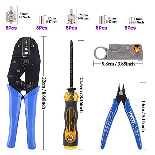 Swpeet 14Pcs Professional Coaxial Cable Tool Kit, Ratcheting Wire Terminal Coaxial Cable Tool Kit with 1Pcs Cable Stripper and 10pcs 50 Ohm Crimp Male/Straight Connectors for Coax Connectors
