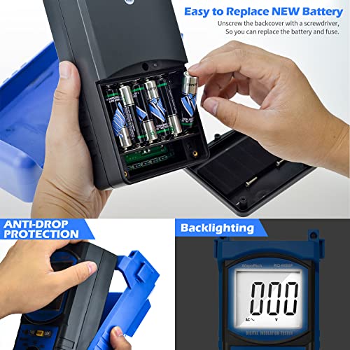 Digital Insulation Resistance Tester, RQ-6688F Voltage Tester 250/500/ 1000/ 2500V, Auto Range Megohmmeter 1MΩ~20GΩ, Resistance Tester with 1999 Count LCD Display, Data Hold, Back-Light （Battery） US-RQ-6688F