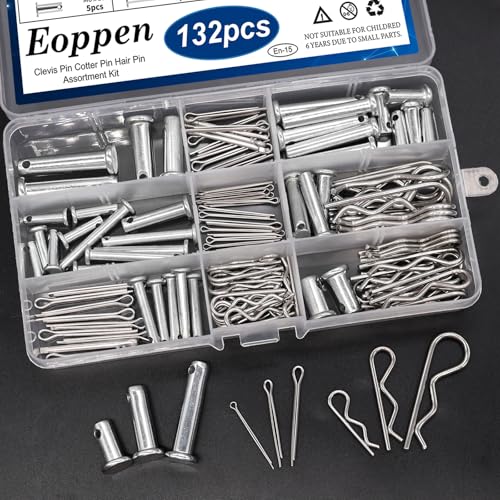 132Pcs Clevis Pin Cotter Pin Hair Pin Assortment Kit - 304 Stainless Steel 15 Sizes Cotter Pin & R Clips Pin Zinc-Plated Single Hole Flat Head Clevis Pins