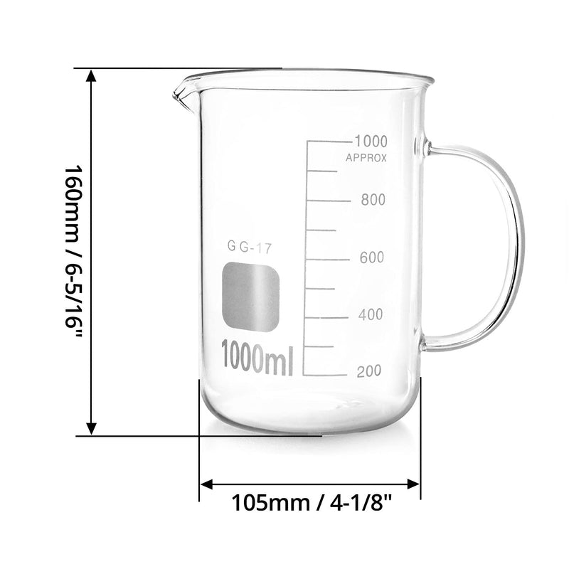 QWORK Beaker with Handle, 1000ml/33.81oz Measuring Cup, Borosilicate Glass,Beaker Mug with Pouring Spout (Pack of 2) 1000 ml (Pack of 2)