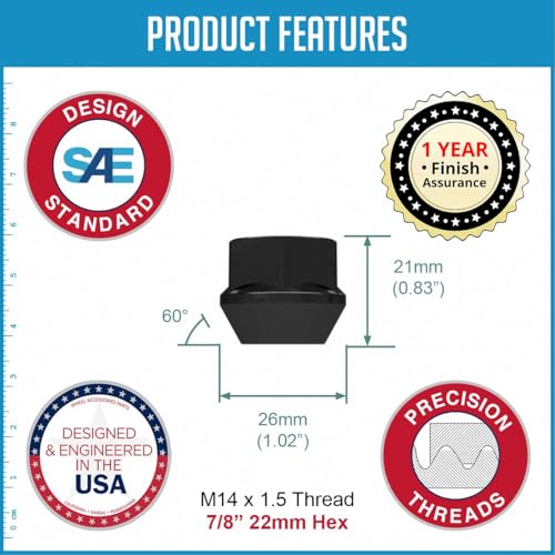 Wheel Accessories Parts 24 Pcs M14x1.5 14x1.5 Thread Open End Bulge Acorn 21mm 0.83" Long Lug Nuts Black 7/8" 22mm Hex Fits Chevy Silverado 1500 Tahoe | GMC Sierra 1500 | Ram 1500 OE Wheels GM and Ram Trucks