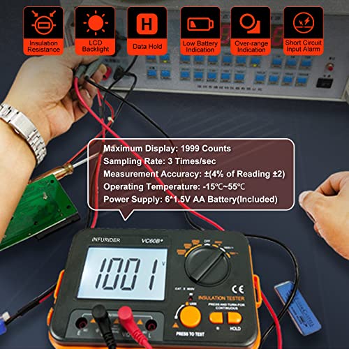Digital Insulation Resistance Tester, Megohmmeter Ohm Meter YF-VC60B+, Voltage Tester 250/500/1000V, Megohm Meter with Backlight LCD Display, Data Hold YF-T6-VC60B
