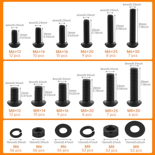 432 pcs Bolts and Nuts Set, 10.9 Grade Alloy Steel M6-1.0 M8-1.25 Button Head Hex Socket Cap Screws Bolts Nuts Washer Assortment Kit with Hex Wrench, Magnetic Hexagonal Socket Screwdriver Bit