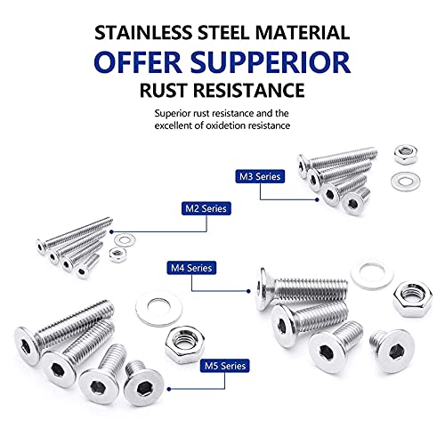 NINDEJIN M2 M3 M4 M5 Stainless Steel Hex Socket Head Cap Screw Bolts & Flat Washers & Nuts Assortment Kit (Flat Head + Round Head)