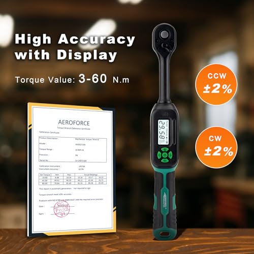 AEROFORCE Digital Torque Wrench - 3/8 Inch Drive Electric Torque Wrench (3-60Nm), Features Dual-Direction Ratchet, ±2% Accuracy, Buzzer & LED Alerts, 4-Measurement Unit (Nm/lb.ft/in.lb/kgf.cm) 3/8’’ 2.21-44.25 lb.ft