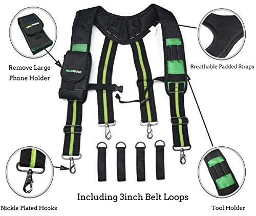 MELOTOUGH Tool Belt Suspenders with Padded Foam Adjustable Shoulder Straps + Padded Tool Belt with D ring for men construction Strong Durable Double Metal Roller Buckle