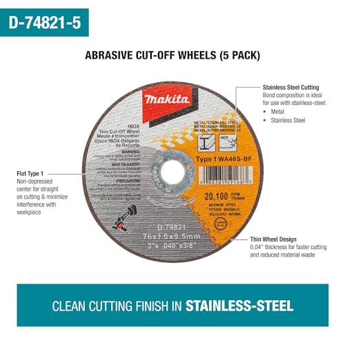 Makita 3 inches X .040 inches X 3/8 inches Type 1 General Purpose 46 Grit Thin Cutoff Wheel For Metal And Stainless Steel Cutting, 5/pk