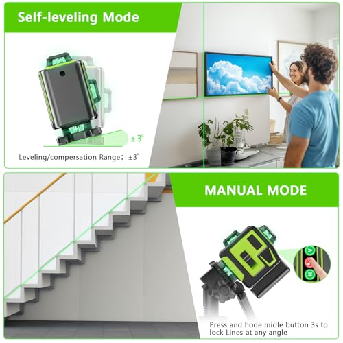 16 Line Laser Level 360 Self Leveling, 4x360°Professional 4D Green Cross Line laser Level with 2 Batteries & Remote Control, for Tiling Floor Construction and Picture Hanging
