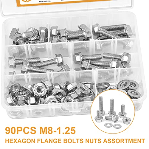 M8-1.25 x 16/20/25/30/35mm Flanged Hex Head Bolts, VIGURE 90PCS M8 Flange Hexagon Screws Serrated Flange Nuts Washers, Stainless Steel 18-8 (304), DIN 6921 M8-1.25