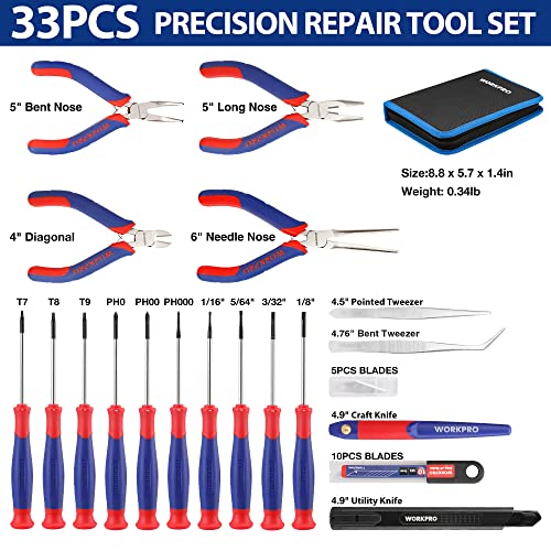 WORKPRO 33PCS Precision Repair Tool Kit, Screwdriver, Pliers Set with Pouch Blue