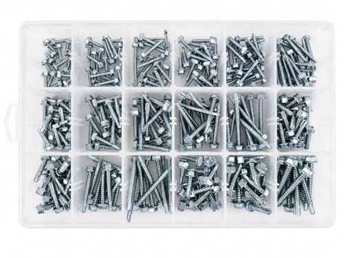 Titan Industrial Supply- 295-Piece Self Drilling Screw Assortment Kit – Zinc Plated Hex Washer Head Screws, #3 Point, Sizes #6-20, #8-18, #10-16, #12-14 & 1/4"-14.