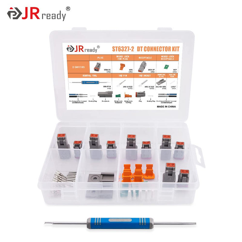 JRready ST6327-2 Deutsch 2 Pin DT Connector Kit, Gray Waterproof DT Connector 2 Pin(5 Set), Size 16 Stamped Contacts, Seal Plugs for Car, Truck, Motorcycle, Off-Road Vehicles, Marine. 2Pin 5Pair