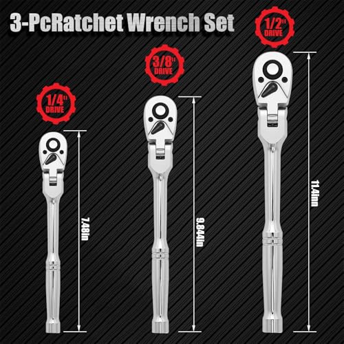 3-Piece Flex Head Ratchet Set，1/4 3/8 1/2 Inch Drive Swivel Head Ratchet Wrench，72-Tooth with Quick-Release Reversible Design, Chromium-Vanadium Steel Made, Fully Polished Silver 3pcs Flex Head Ratchet