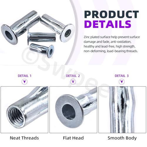 Swpeet 34Pcs 4 Sizes M4 M5 M6 M8 Metric Carbon Steel White Zinc-Plated Multi-Grip Rivet Nuts Plus Nuts Assortment Kit, Bulbed Shank Flat Head Threaded Insert Nut Construction Fasteners for Industrial