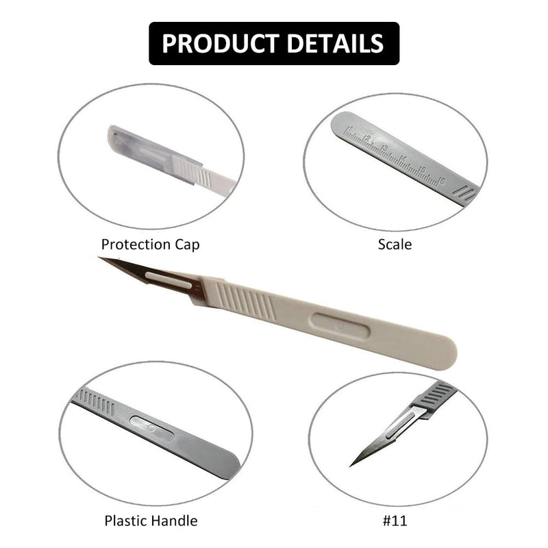 Disposable plastic surgical scalpel knives, disposable scalpel blade, sterilized disposable scalpels, disposable scalpels figure 11 with protective cap, individually sterile packed, (pack of 6) No. 11-6PC