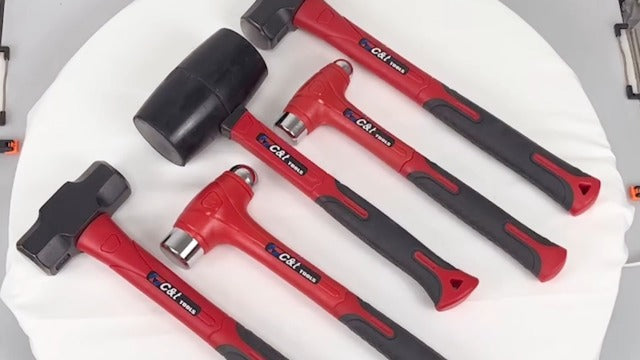C&T 5-Piece Hammer Set, 16oz Ball Peen Hammer | 32oz Ball Peen Hammer | 32oz Rubber Mallet | 3lb Sledge Hammer | 3lb Cross Peen, Fiberglass Handle & Mallet Set 5pc