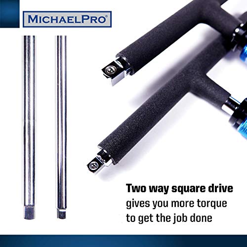 MichaelPro Adjustable T Handle Speed Wrench Set for 1/4 and 3/8 Inch Drive, Speed Handle T Wrench with 2-Way Square Drive Design, 3 Grip Positions, Patented Spinner Handle (2-Piece) 2Pc Set