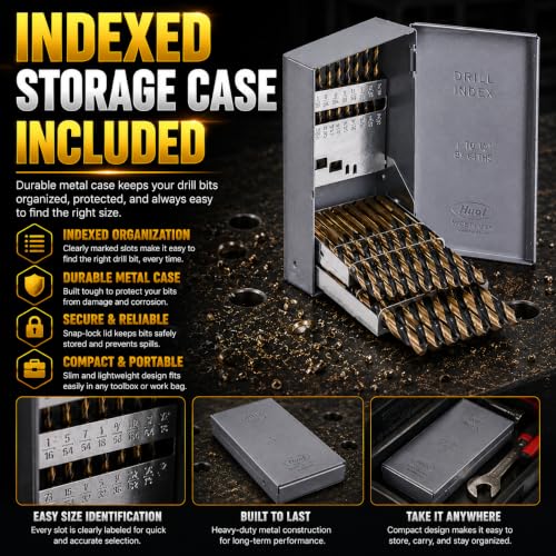 Stark USA 21-Piece HSS Drill Bit Set, Black & Gold High Speed Steel Drill Bits with 135° Split Point, Heavy Duty Industrial Twist Bits, 1/16"–1/2", Indexed Storage Case 21 PCS Set Heavy Duty