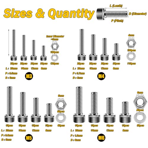 Mywish 900Pcs M3 M4 M5 M6 Metric Screw Assortment & 900PcsM3 M4 M5 M6 Screw Assortment Kit, 304 Stainless Steel Hex Socket Button Head Socket Cap Metric Screws, Bolts & Flat Washers/Nuts/Hex Wrenches