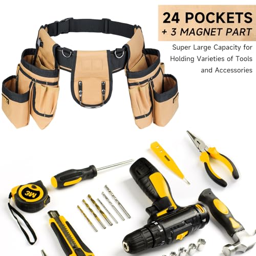 LEFOR·Z Tool Belt with Suspenders,27-Pockets Heavy Duty Tool Belts for Men Brown/Black