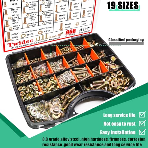 Twidec/966PCS Grade 8.8 Hex Head Bolts and Nuts Assortment Kit,Metric Bolt Assortment, M4/M5/M6/M8(12-30mm)