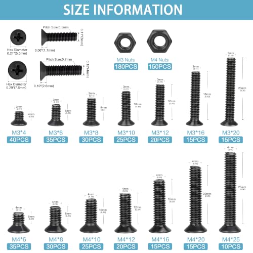660pcs M3 M4 Countersunk Screws Assortment Kit,Carbon Steel Bolts and Nuts 660pcs-CountersunkScrewsM3M4