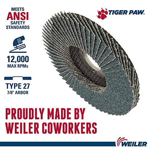 Weiler 51160 Tiger Paw XHD Super High Density Abrasive Flap Disc, Type 27 Flat Style, Phenolic Backing, Zirconia Alumina, 4-1/2" Diameter, 7/8" Arbor, 36 Grit, 12000 RPM (Pack of 10) Performance Steel / Metal