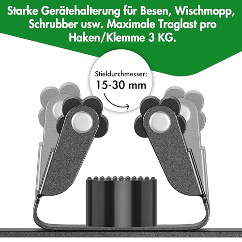 Radikor Wall Broom Holder, Stainless Steel Broom Holder with 5 Holders & 4 Hooks | Installation without drilling or screws. Keeps brooms, mops and garden tools tidy in the home and garage Black L x1
