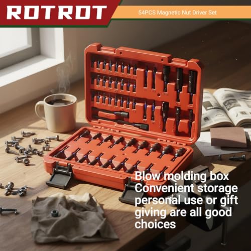54-Piece Magnetic Nut Driver Set, Impact Drill Driver Bit 1/4", Metric & SAE Nut Drivers for Impact Drill, Socket Adapters, Screwdriver Bit, Quick-Release Extension, Wing Nut Driver, Storage Box 54-Piece Magnetic Nut Driver Set