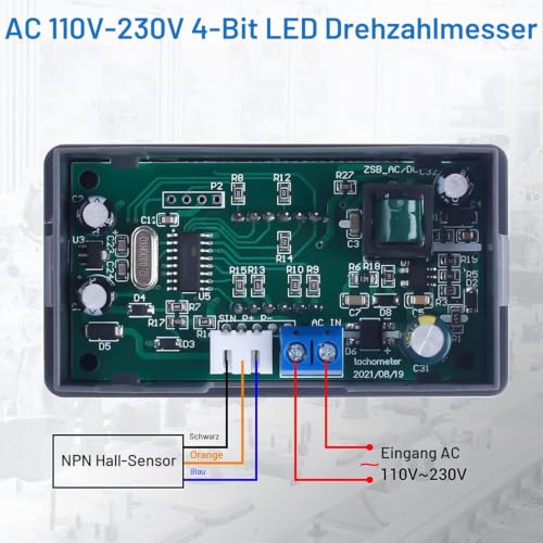 DONGKER Digital LED Tachometer, AC 230V 110V Digital RPM Motor Tachometer with Hall Proximity Switch Sensor NPN Tachometer