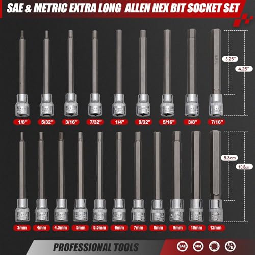 Extra-Long Allen Hex Bit Socket Set,20-Piece 3/8 Inch Drive,Standard SAE & Metric (1/8-Inch - 7/16-Inch, 3-12mm) for Repair and Assembly (Black) Black