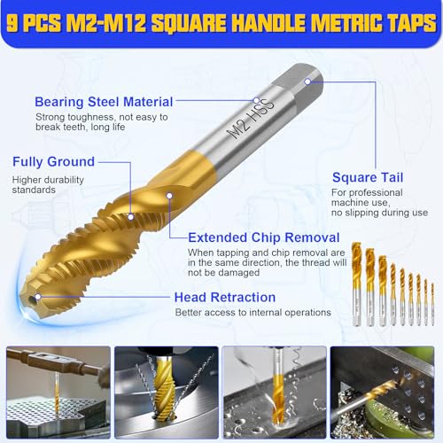 Metric Tap and Die Set, 34 Pcs Adjustable Drill and Tap Set with Tap Wrench, Quick Change Bit Holder, Twist Drill Bits, and M2-M12 Taps, Hand Screw HSS Thread Tap Set, Drill Tap Set for Metal Wood