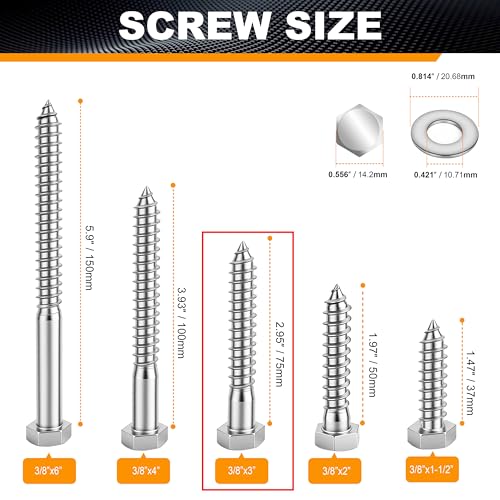 Hex Head Lag Bolts for Wood, Lag Screws 3/8" x 3",24 PCS 3/8" x 3" 24