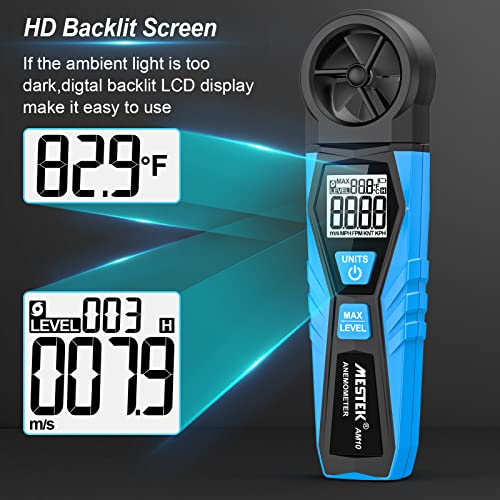 Wind Gauge Digital Anemometer MESTEK Wind Meter Handheld Wind Speed Air Temperature Max Wind Gauge Measure 1.1~30m/s Wind Speed for Windsurfing Kite Drone Flying Sailing Surfing HVAC CFM