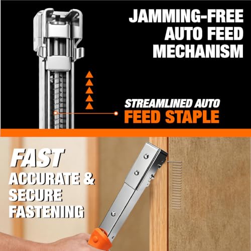 Compact Hammer Tacker Stapler Kit, All-Steel with Jam-Resistant Mechanism, with 1200 T50 Staples (1/4 in & 5/16 in) and Work Gloves for House Wrap, Insulation & DIY 1050301