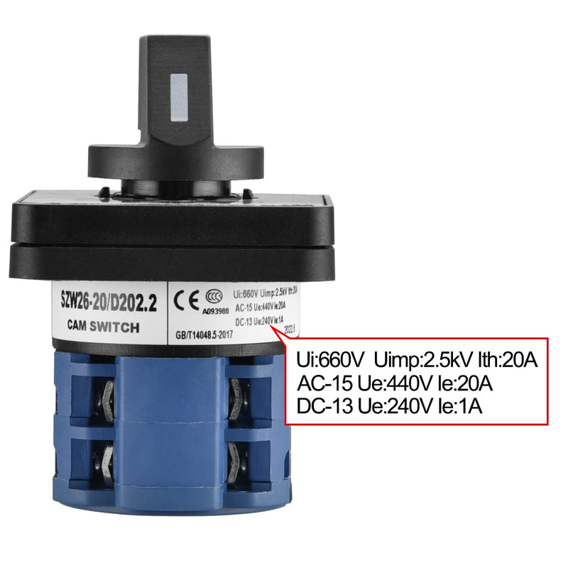 Heschen, universal cam switch, rotary switch, changeover switch SZW26-20/D202.2, Ui 660V, Ie 20A, 3 positions (on-off-on), 2 phases, 8 terminals, CE