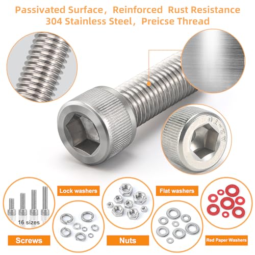 M2 M3 M4 M5 Nuts and Bolts, 304 Stainless Steel Metric Bolt Assortment (Lock & Flat Washers),Metric Screw Assortment, Socket Head Cap Screws, Metric Bolts and Nuts Assortment Kit, 1415pcs M2M3M4M5
