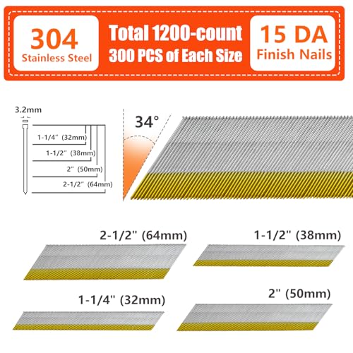 SS304 15 Gauge 34 Degree Angled Finish Nails 1200-Pack 4 Sizes assembly 1200 pcs