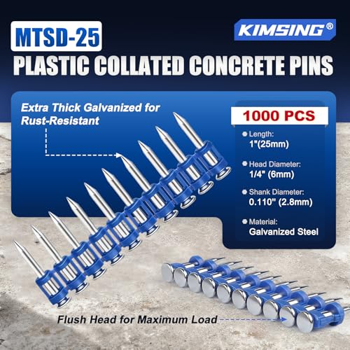 KIMSING 1 Inch Plastic Collated Concrete Pins, 1000PCS Box, 12 Gauge 1 box