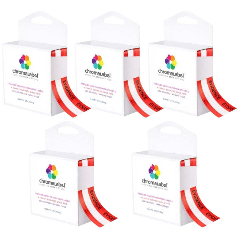 ChromaLabel 1.37 Inch Imprinted Evidence Tape Stickers, Tamper Evident Tape Crime Scene Decorations, 480 Inch Roll (13.33 Yards) with Dispenser Box, Red and White - Case of 5