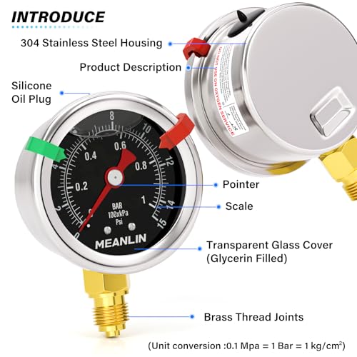 MEANLIN MEASURE 0~1Bar/0~15Psi Black Pressure Gauge 1/8 Inch BSP 1.5 Inch Dial, Stainless Steel Liquid Pressure Gauge, Lower Mount, WOG Water Oil Air (with 2 Push Buttons) Bottom Mounted (Black)