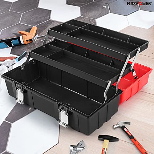MAXPOWER 16-Inch Tool Box, Three-Layer Folding Plastic Storage Toolbox, Multi-Function Organizer with Tray and Dividers, Tools Box with Stainless Steel Lock