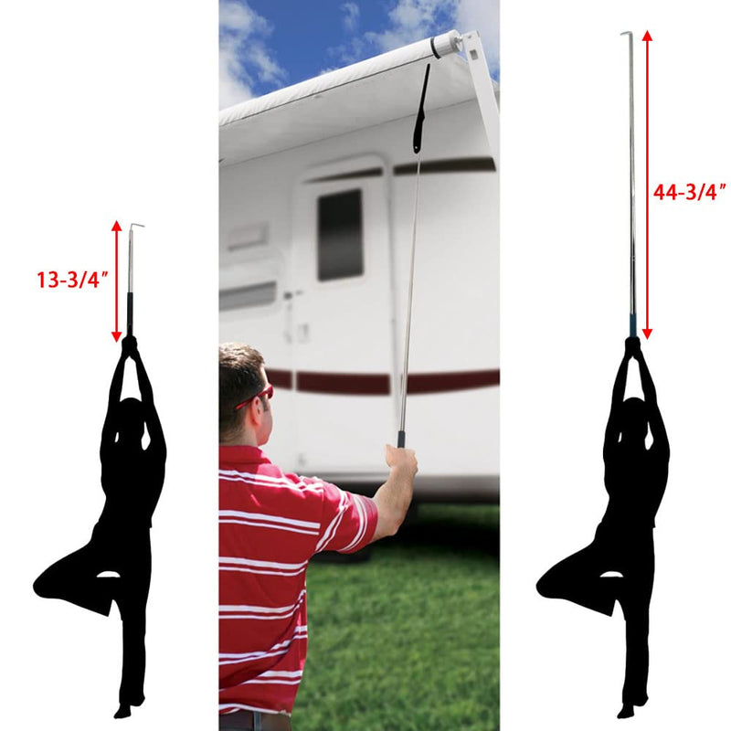 RV Awning Rod Opener Easy Reach Telescopic Puller 13-3/4" to 44-3/4" Stainless Steel Silver & Black - 1pack 1