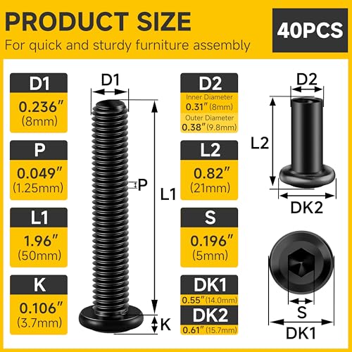 Mywish M8 x 50mm 20Pcs Flat Head Hex Socket Cap Screws Bolts & M8 x 50mm 20Set Flat Head Hex Socket Cap Screws Bolts with Barrel Nuts, 304 Stainless Steel Furniture Bolts Full Thread, Black Oxide & He